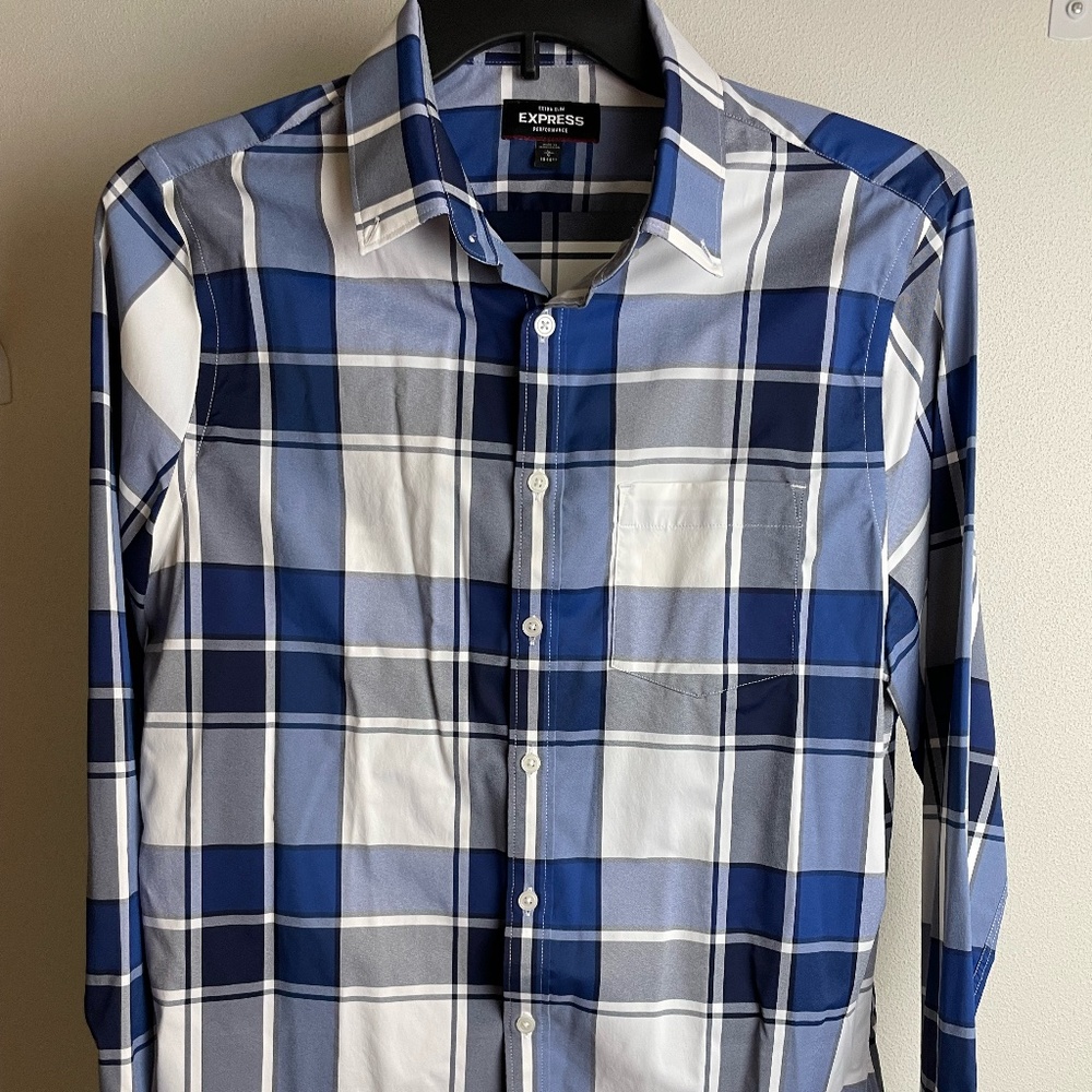 Express Mens Blue and White Plaid Button-up Shirt